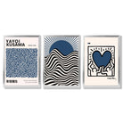 Set of 3 Yayoi Kusama,Keith Haring, Bauhaus Navy Blue Framed Art Prints with Silver Wood Frames