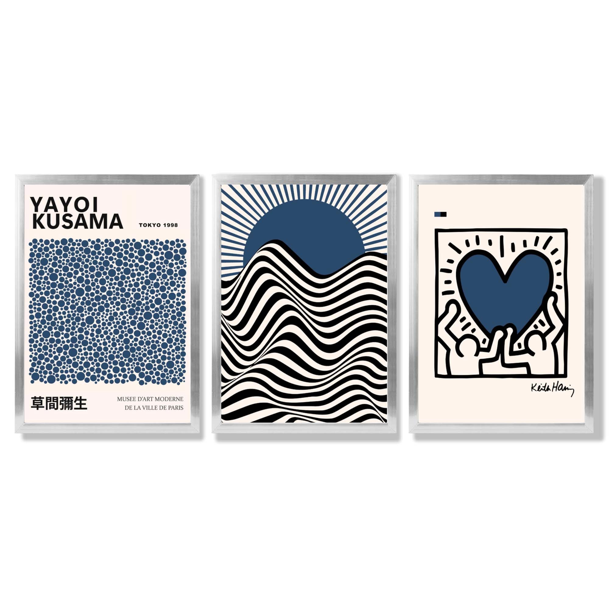 Set of 3 Yayoi Kusama,Keith Haring, Bauhaus Navy Blue Framed Art Prints with Silver Wood Frames