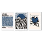 Set of 3 Yayoi Kusama,Keith Haring, Bauhaus Navy Blue Framed Art Prints with White Wooden Frames