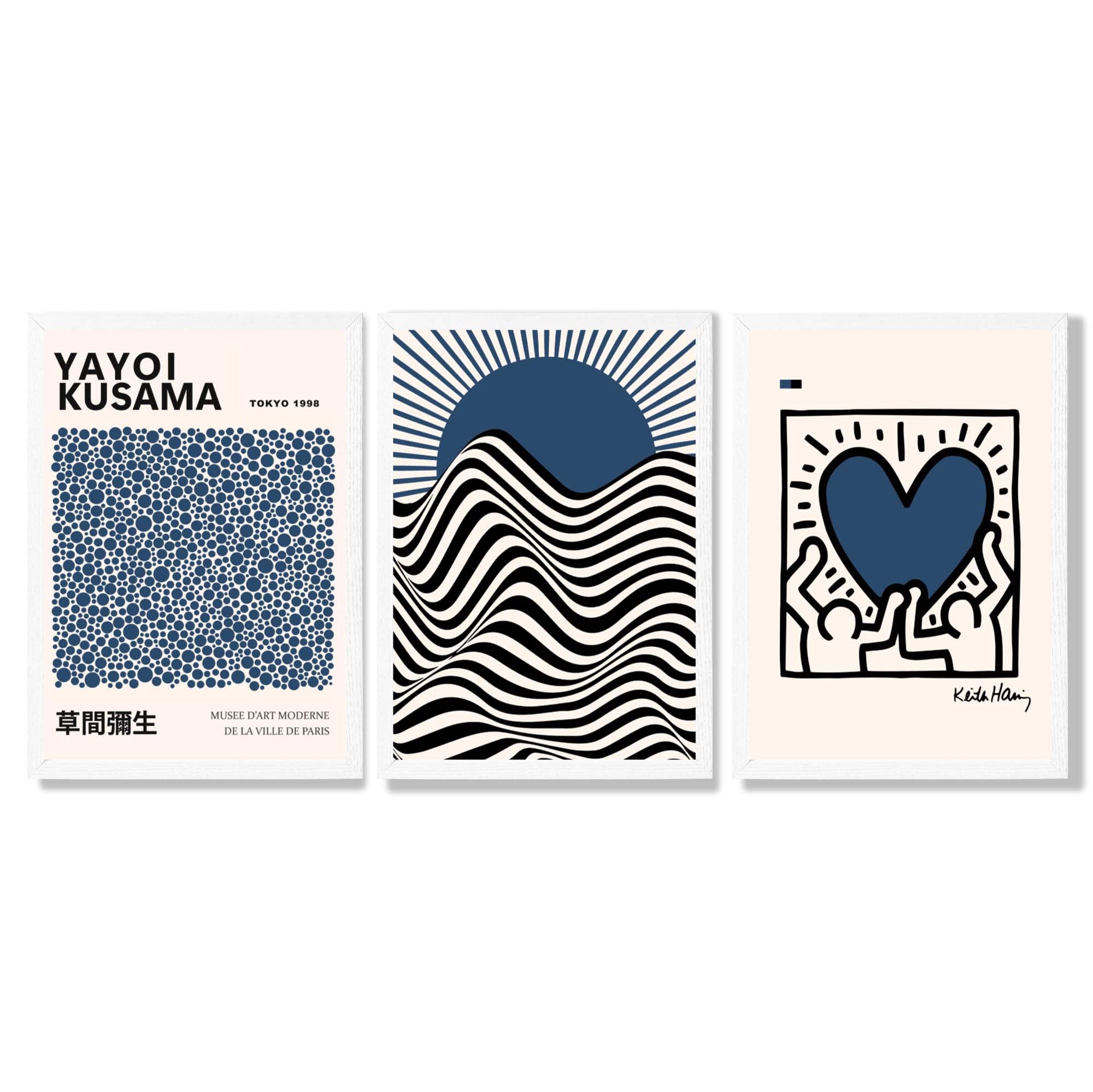 Set of 3 Yayoi Kusama,Keith Haring, Bauhaus Navy Blue Framed Art Prints with White Wooden Frames