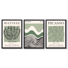 Set of 3 Yayoi Matisee Tree,Bauhaus Sunrise,Picasso Dancers in Sage Green Framed Art Prints with Black Wooden Frames