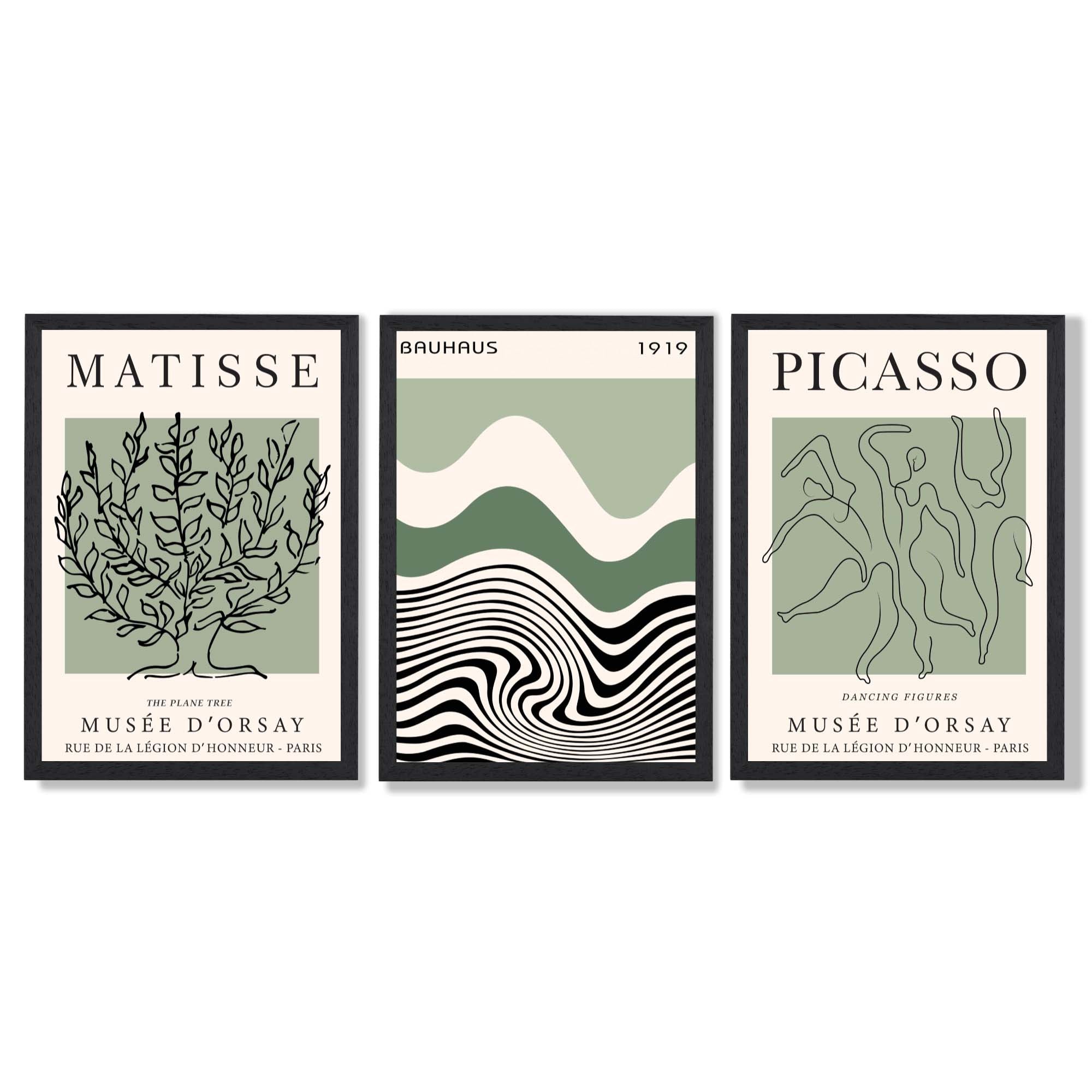 Set of 3 Yayoi Matisee Tree,Bauhaus Sunrise,Picasso Dancers in Sage Green Framed Art Prints with Black Wooden Frames
