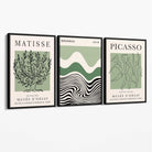 Set of 3 Yayoi Matisee Tree,Bauhaus Sunrise,Picasso Dancers in Sage Green Canvas Art Prints with Black Float Frame