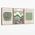 Set of 3 Yayoi Matisee Tree,Bauhaus Sunrise,Picasso Dancers in Sage Green Canvas Art Prints with Oak Float Frame