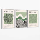 Set of 3 Yayoi Matisee Tree,Bauhaus Sunrise,Picasso Dancers in Sage Green Canvas Art Prints with White Float Frame