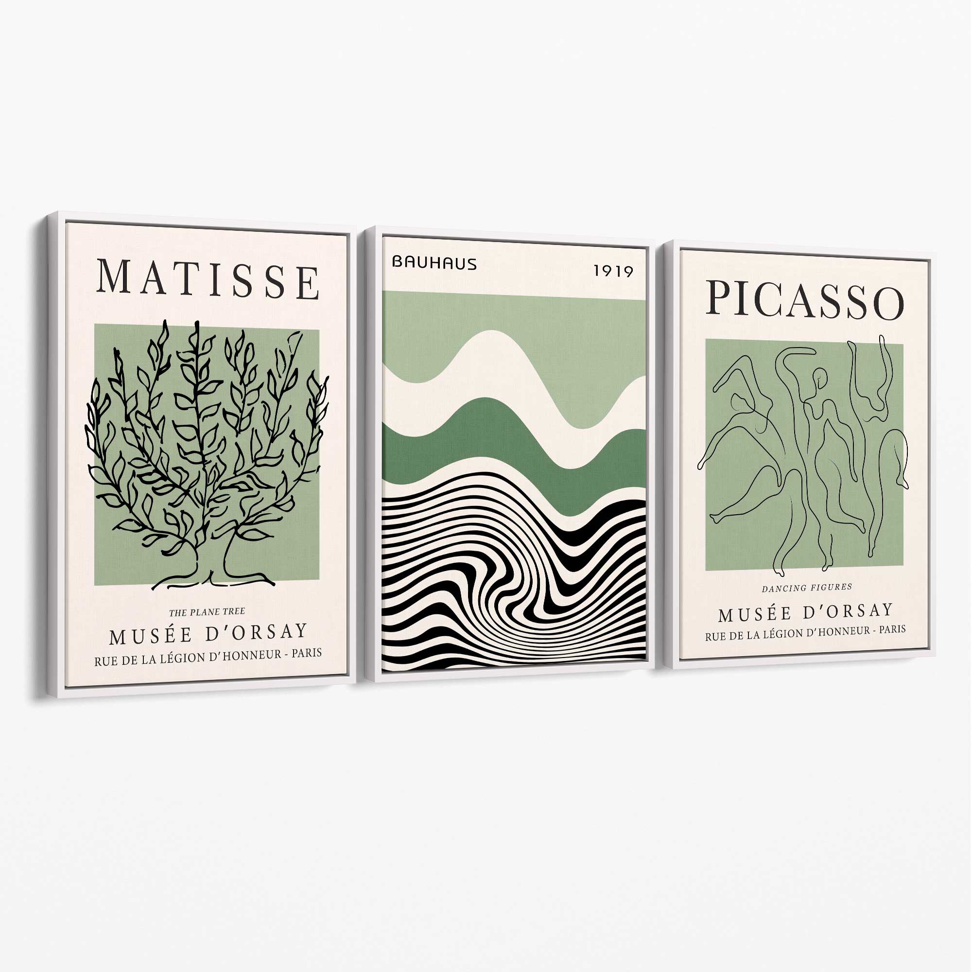 Set of 3 Yayoi Matisee Tree,Bauhaus Sunrise,Picasso Dancers in Sage Green Canvas Art Prints with White Float Frame