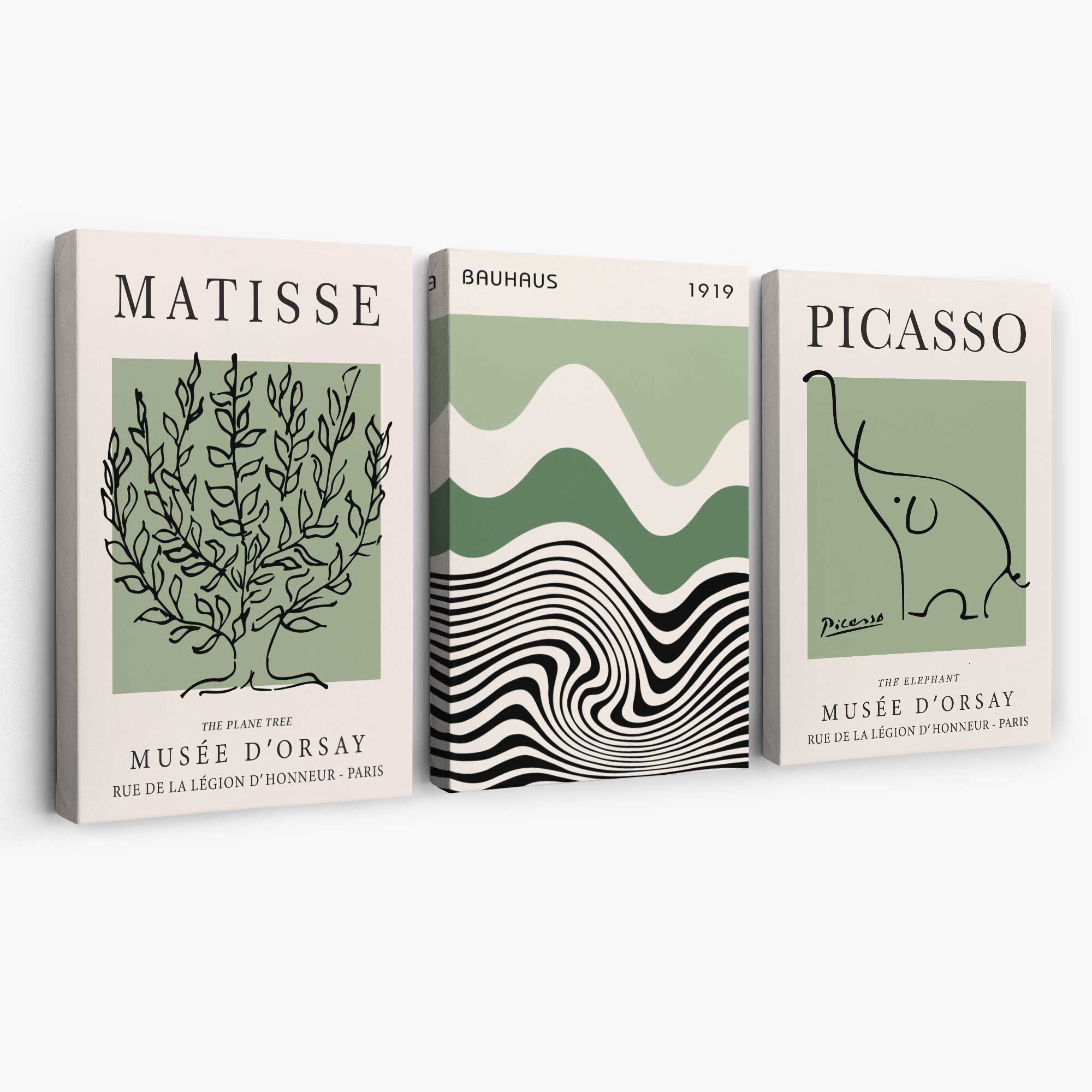 Set of 3 Yayoi Matisee Tree,Bauhaus Sunrise,Picasso Dancers in Sage Green Canvas Art Prints | Artze Wall Art