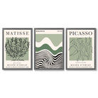 Set of 3 Yayoi Matisee Tree,Bauhaus Sunrise,Picasso Dancers in Sage Green Framed Art Prints with Dark Grey Wooden Frames