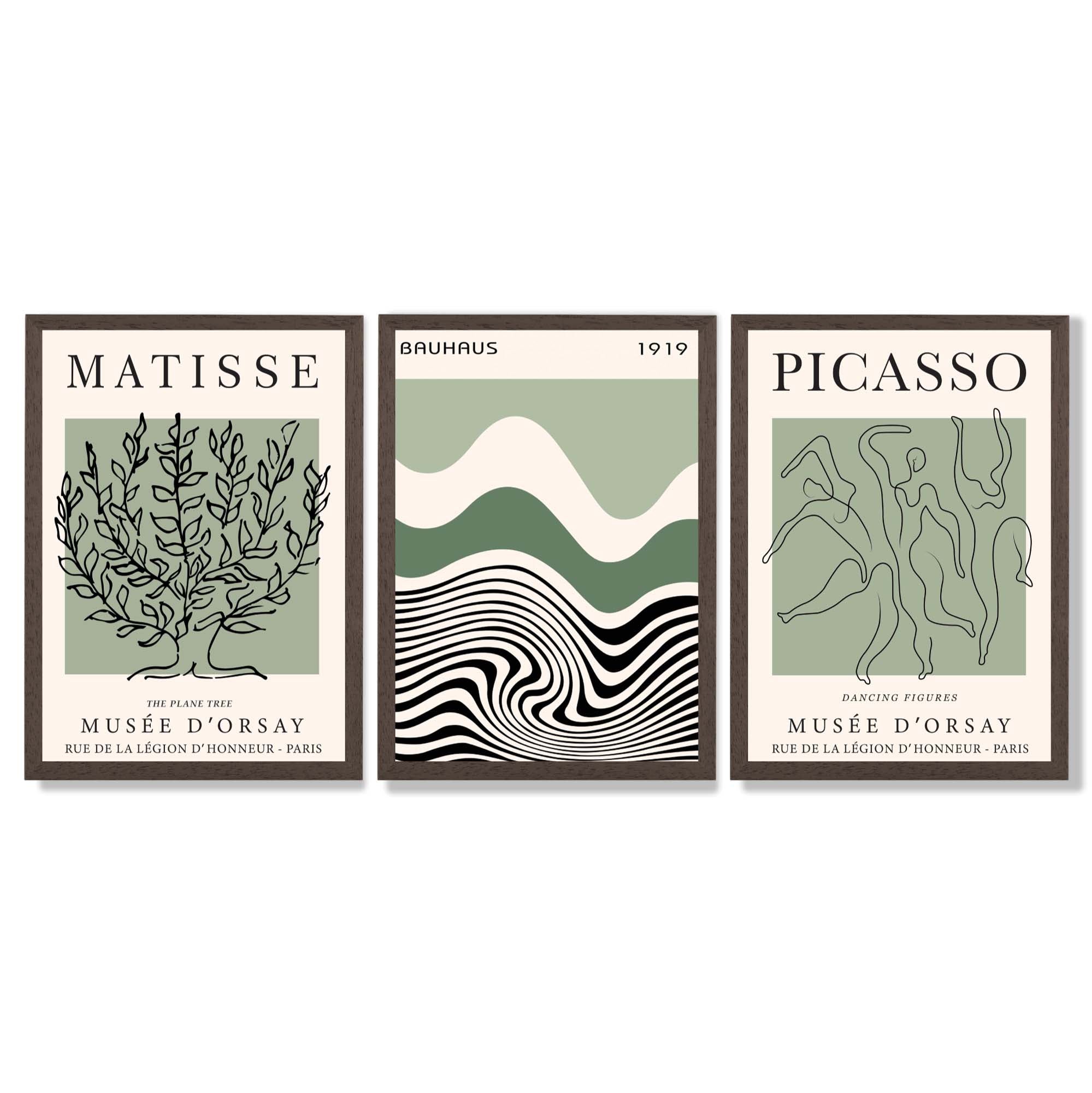 Set of 3 Yayoi Matisee Tree,Bauhaus Sunrise,Picasso Dancers in Sage Green Framed Art Prints with Dark Wood Frames