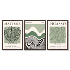Set of 3 Yayoi Matisee Tree,Bauhaus Sunrise,Picasso Dancers in Sage Green Framed Art Prints with Dark Wood Frames