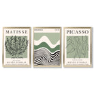 Set of 3 Yayoi Matisee Tree,Bauhaus Sunrise,Picasso Dancers in Sage Green Framed Art Prints with Gold Wood Frames
