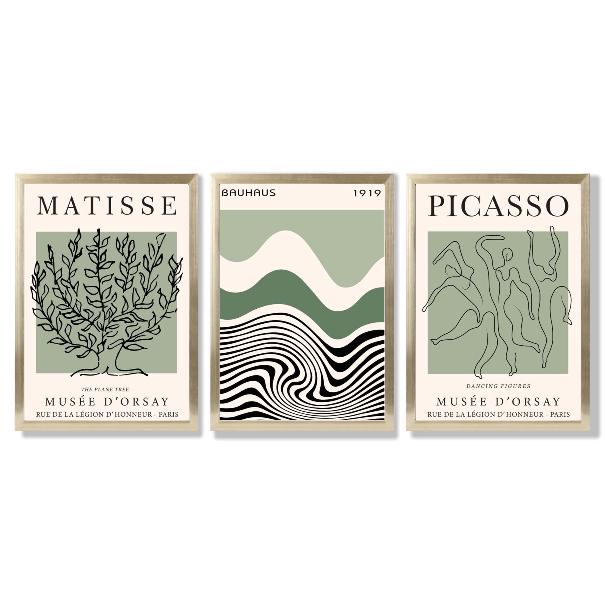 Set of 3 Yayoi Matisee Tree,Bauhaus Sunrise,Picasso Dancers in Sage Green Framed Art Prints with Gold Wood Frames