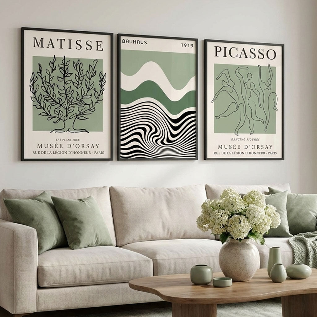 Set of 3 Yayoi Matisee Tree,Bauhaus Sunrise,Picasso Dancers in Sage Green Framed Art Prints with Black Wooden Frames