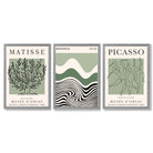 Set of 3 Yayoi Matisee Tree,Bauhaus Sunrise,Picasso Dancers in Sage Green Framed Art Prints with Light Grey Wooden Frames