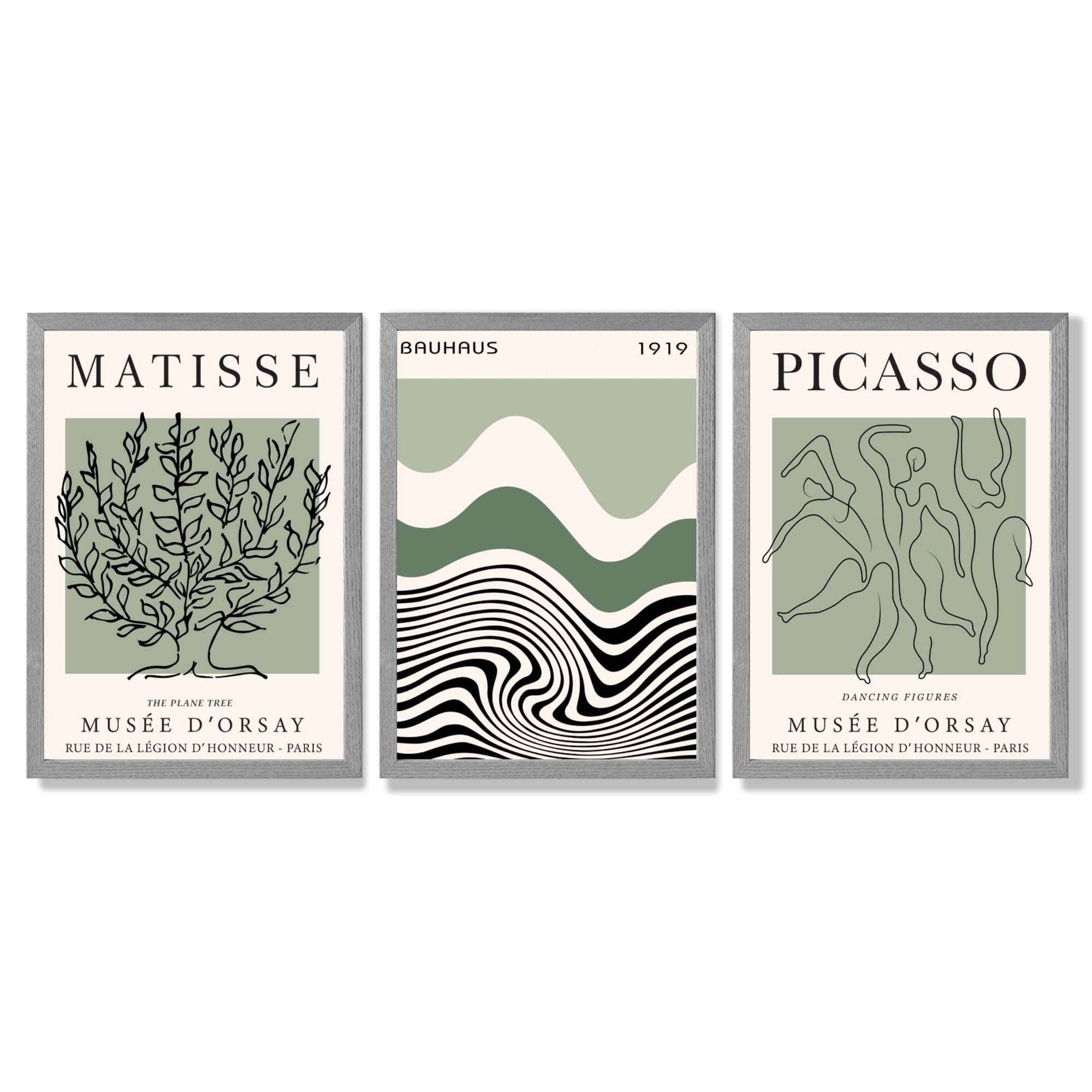 Set of 3 Yayoi Matisee Tree,Bauhaus Sunrise,Picasso Dancers in Sage Green Framed Art Prints with Light Grey Wooden Frames