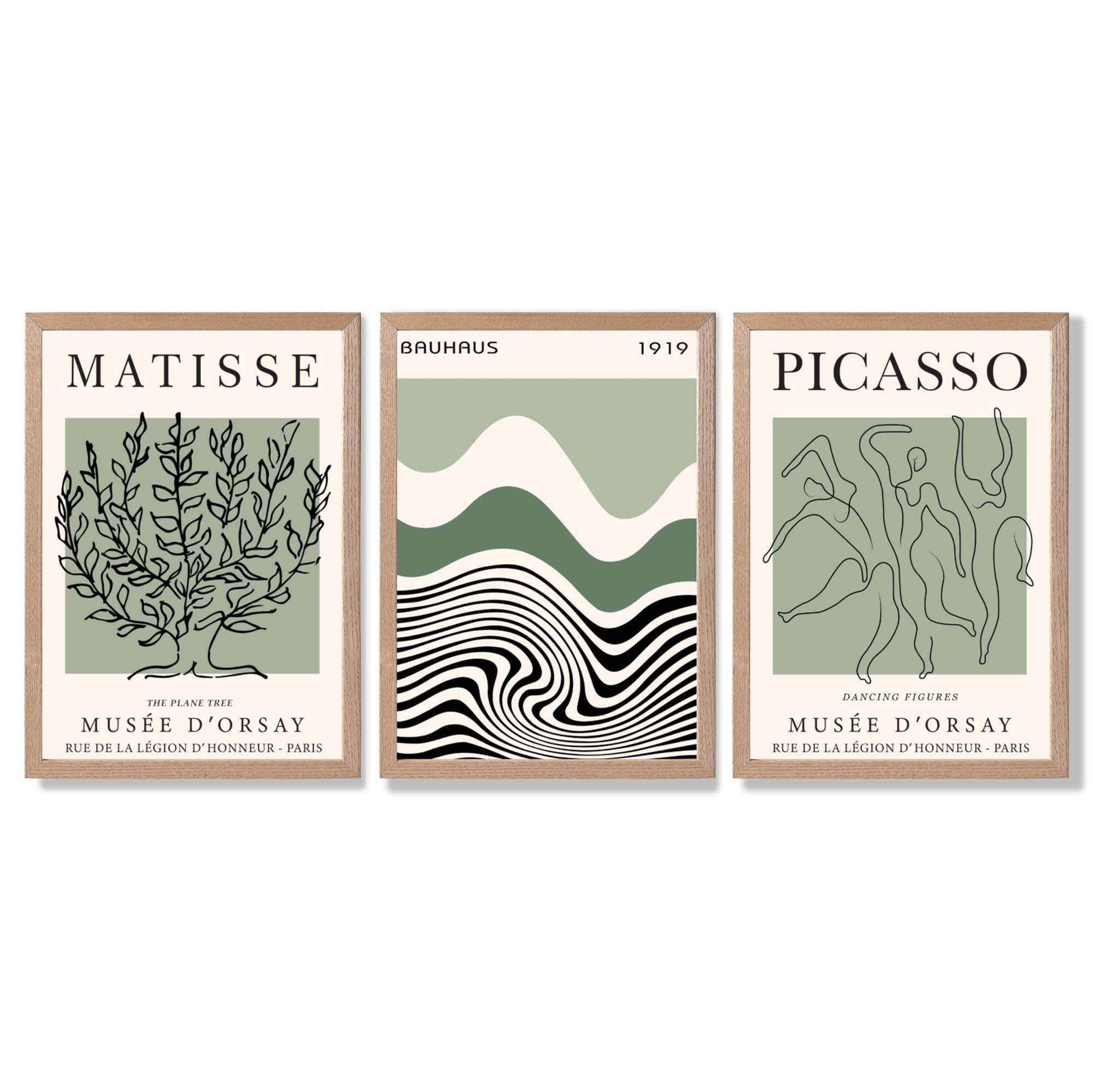 Set of 3 Yayoi Matisee Tree,Bauhaus Sunrise,Picasso Dancers in Sage Green Framed Art Prints with Light Oak Frames