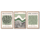 Set of 3 Yayoi Matisee Tree,Bauhaus Sunrise,Picasso Dancers in Sage Green Framed Art Prints with Light Oak Frames