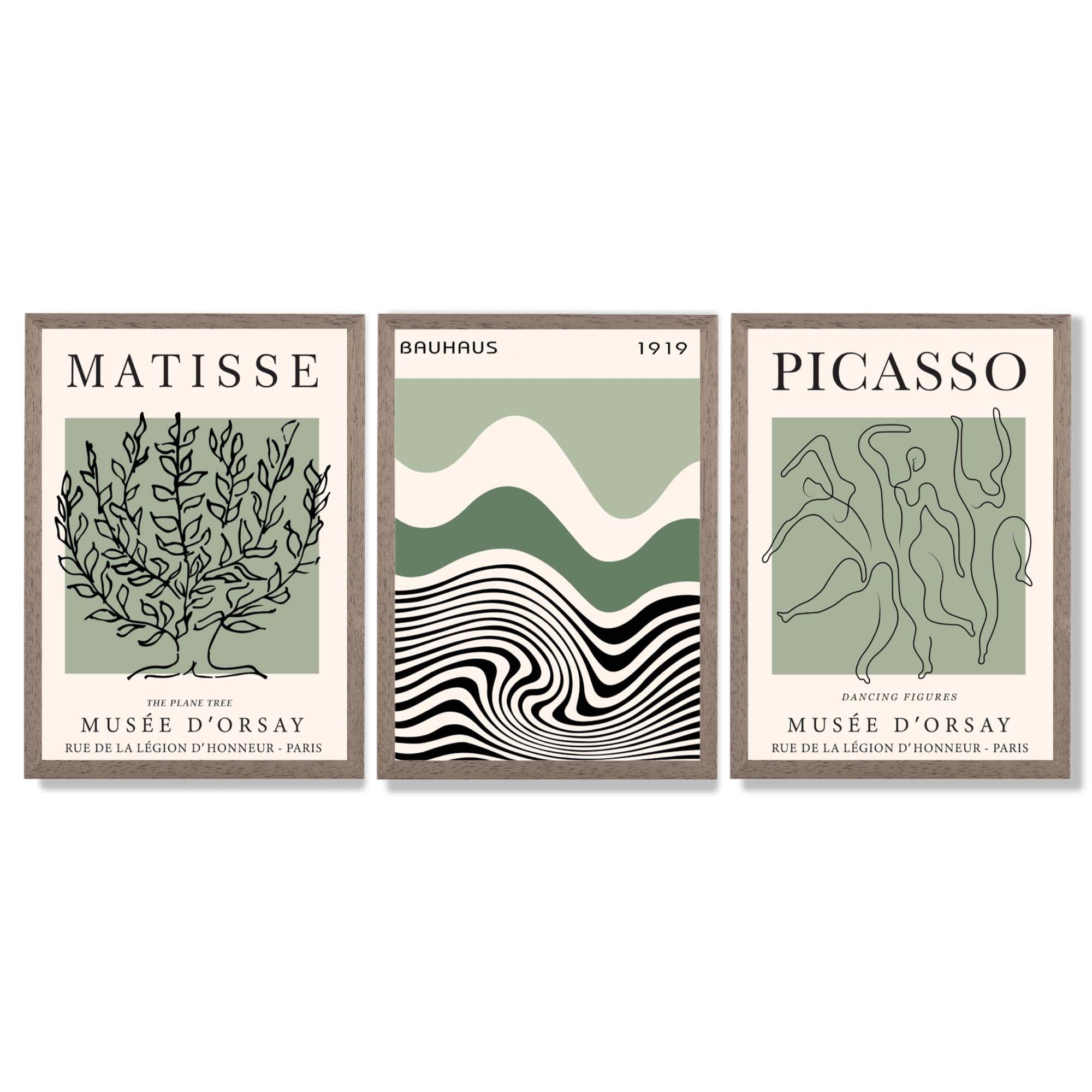 Set of 3 Yayoi Matisee Tree,Bauhaus Sunrise,Picasso Dancers in Sage Green Framed Art Prints with Light Walnut Frames