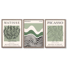 Set of 3 Yayoi Matisee Tree,Bauhaus Sunrise,Picasso Dancers in Sage Green Framed Art Prints with Light Walnut Frames