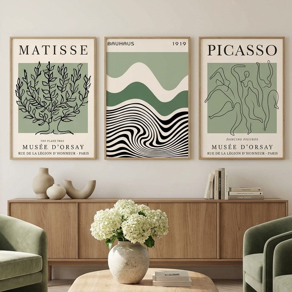 Set of 3 Yayoi Matisee Tree,Bauhaus Sunrise,Picasso Dancers in Sage Green Art Prints in Oak Frames | Artze UK
