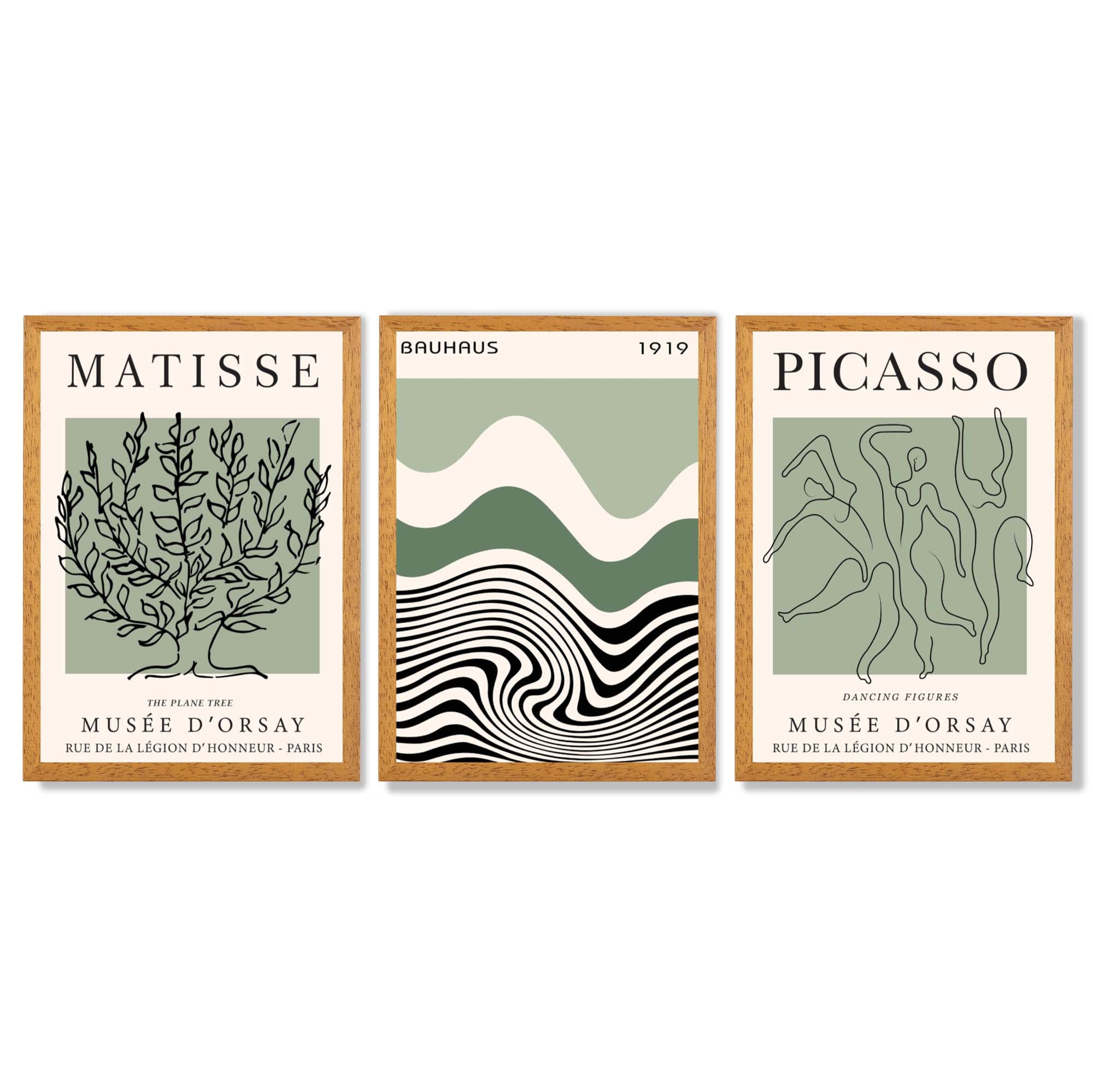Set of 3 Yayoi Matisee Tree,Bauhaus Sunrise,Picasso Dancers in Sage Green Framed Art Prints with Oak Wooden Frames