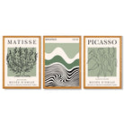 Set of 3 Yayoi Matisee Tree,Bauhaus Sunrise,Picasso Dancers in Sage Green Framed Art Prints with Oak Wooden Frames