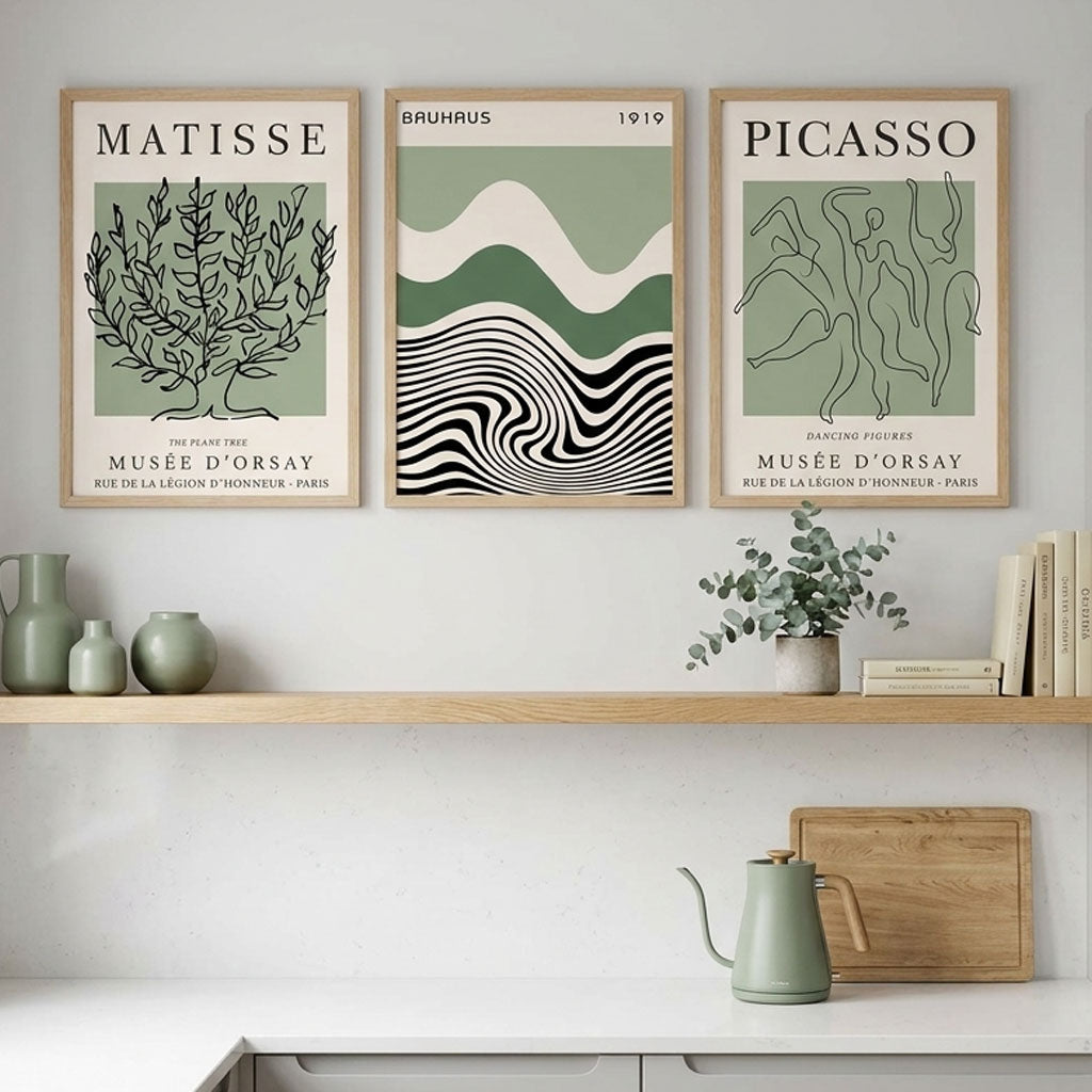 Set of 3 Yayoi Matisee Tree,Bauhaus Sunrise,Picasso Dancers in Sage Green Art Prints in Oak Frames | Artze UK