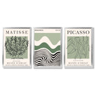 Set of 3 Yayoi Matisee Tree,Bauhaus Sunrise,Picasso Dancers in Sage Green Framed Art Prints with Silver Wood Frames