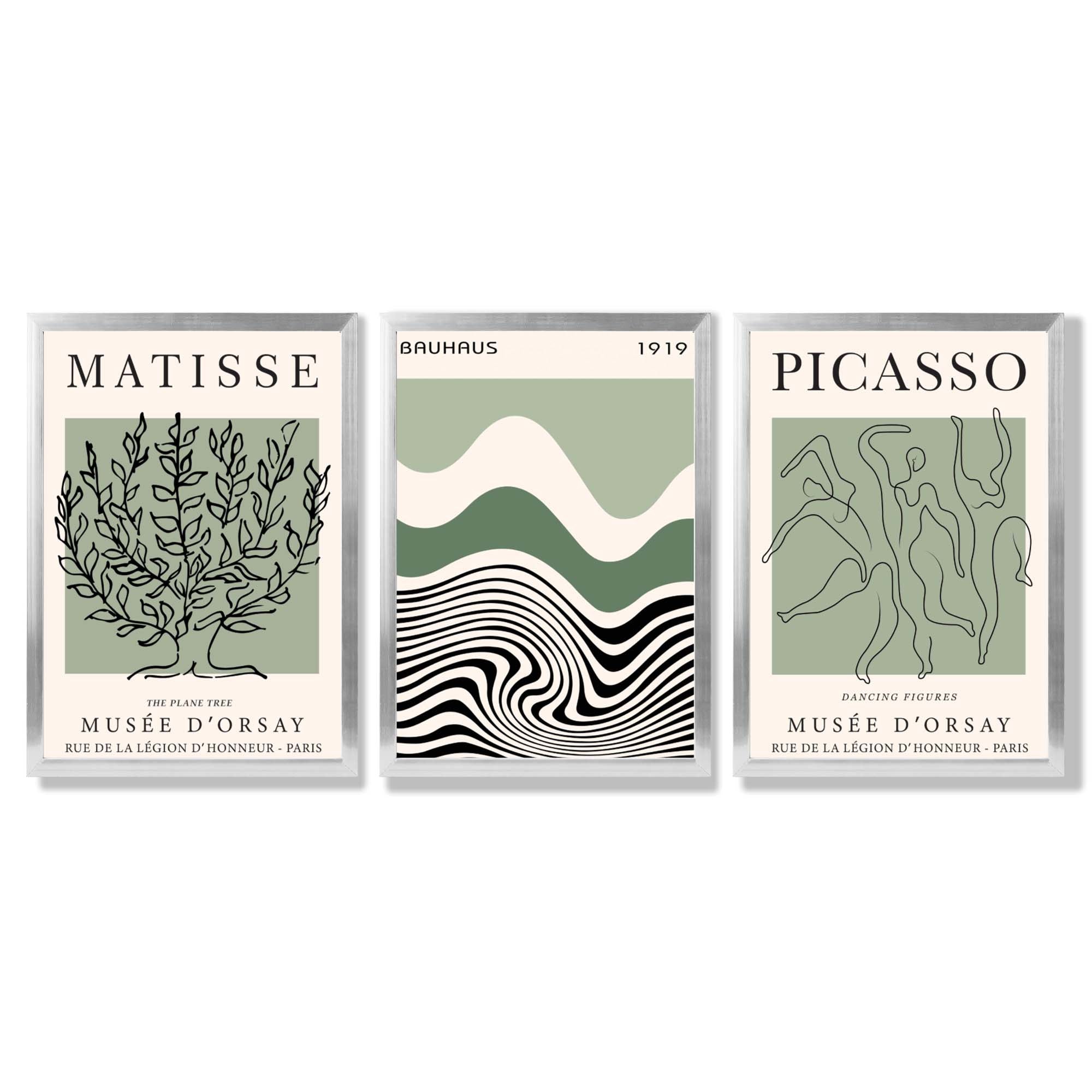 Set of 3 Yayoi Matisee Tree,Bauhaus Sunrise,Picasso Dancers in Sage Green Framed Art Prints with Silver Wood Frames