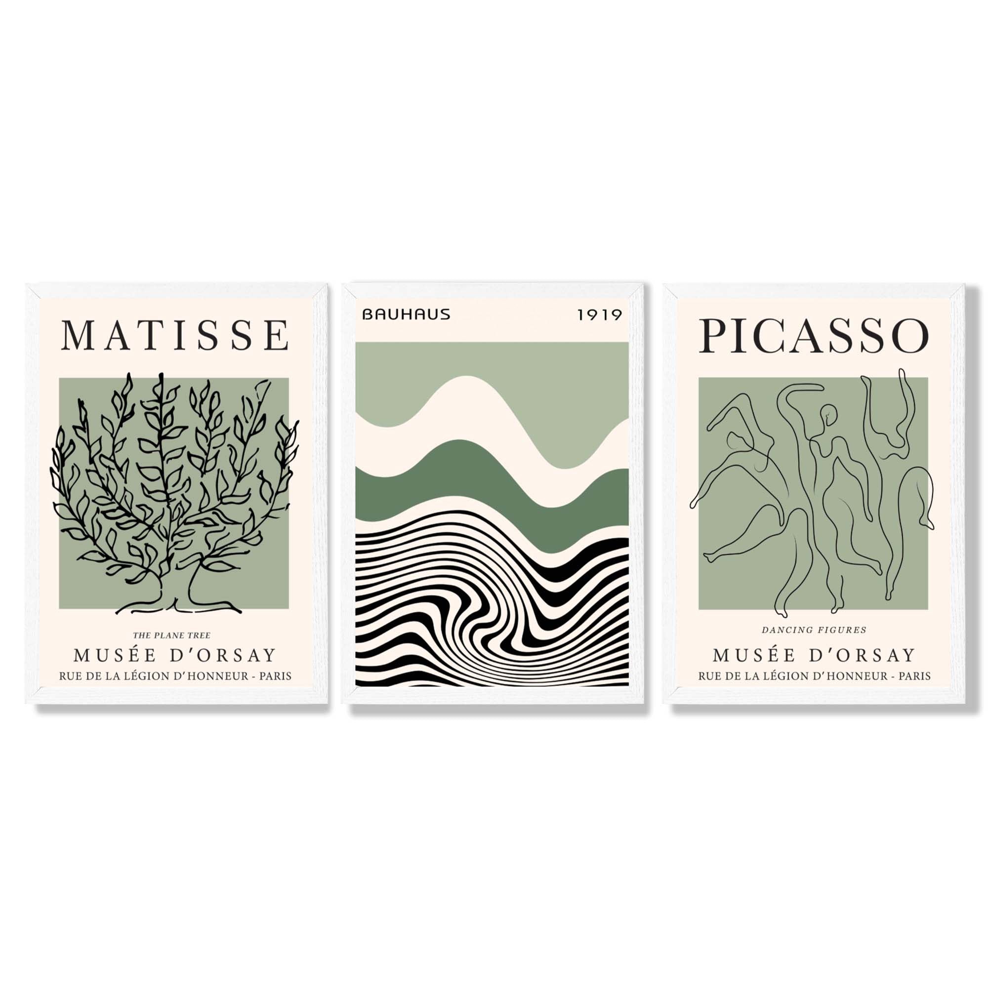 Set of 3 Yayoi Matisee Tree,Bauhaus Sunrise,Picasso Dancers in Sage Green Framed Art Prints with White Wooden Frames