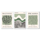 Set of 3 Yayoi Matisee Tree,Bauhaus Sunrise,Picasso Dancers in Sage Green Framed Art Prints with White Wooden Frames