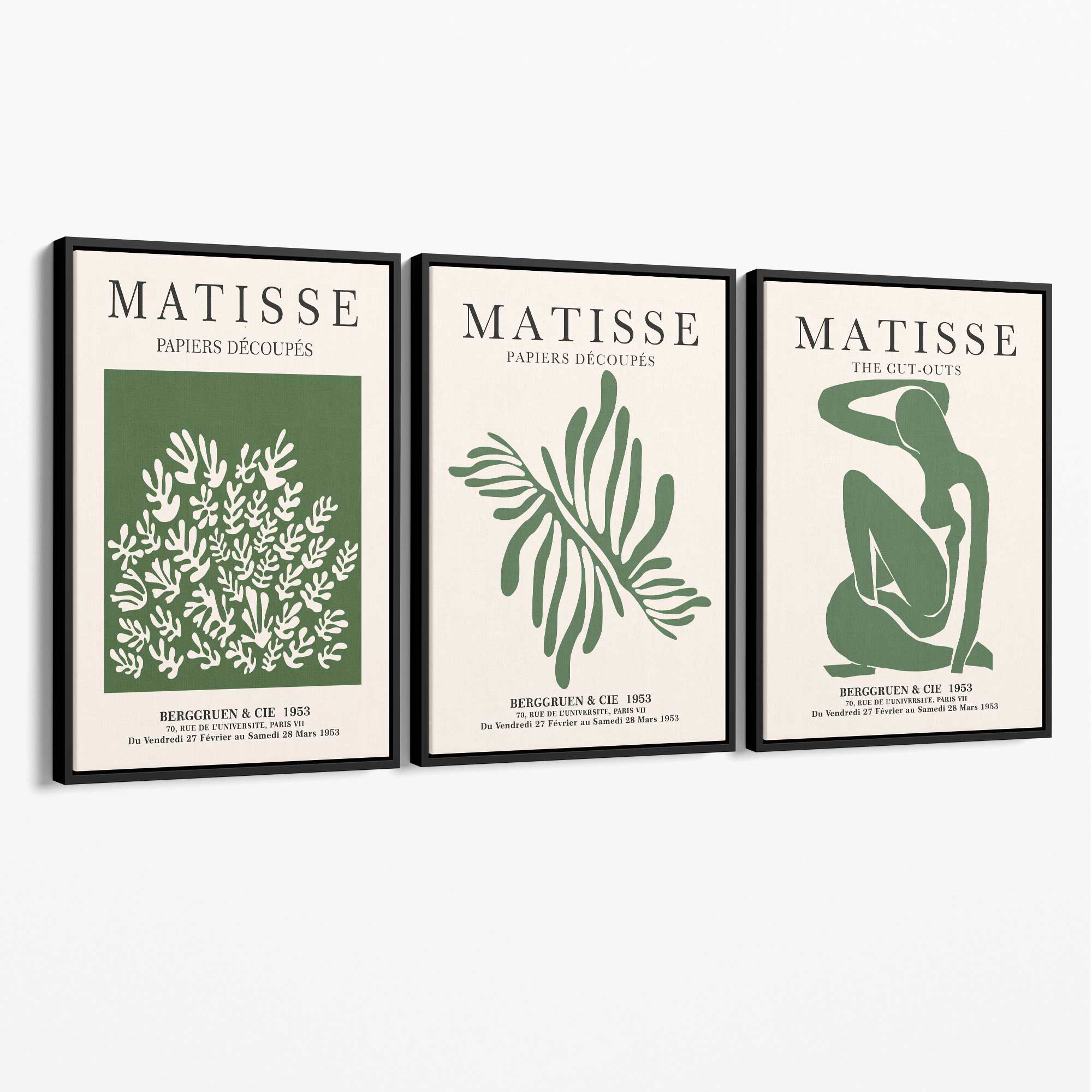 Set of 3 Matisse Floral Cutouts in Dark Green Canvas Prints with Black Float Frame