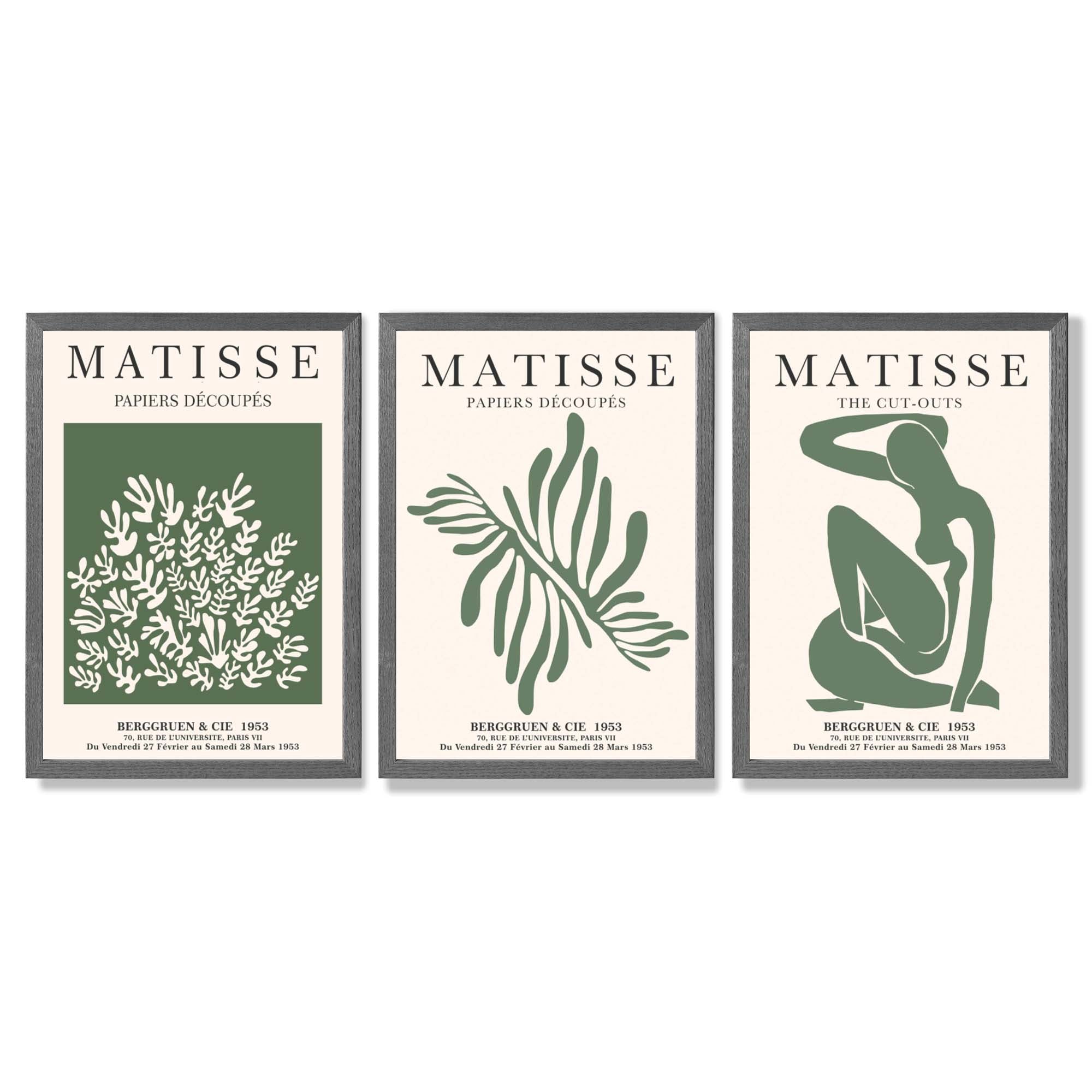 Set of 3 Matisse Floral Cutouts in Dark Green Framed Wall Art with Dark Grey Wooden Frames