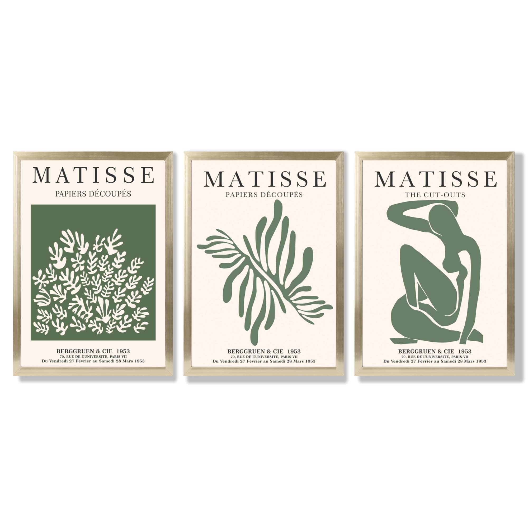 Set of 3 Matisse Floral Cutouts in Dark Green Framed Wall Art with Gold Wood Frames