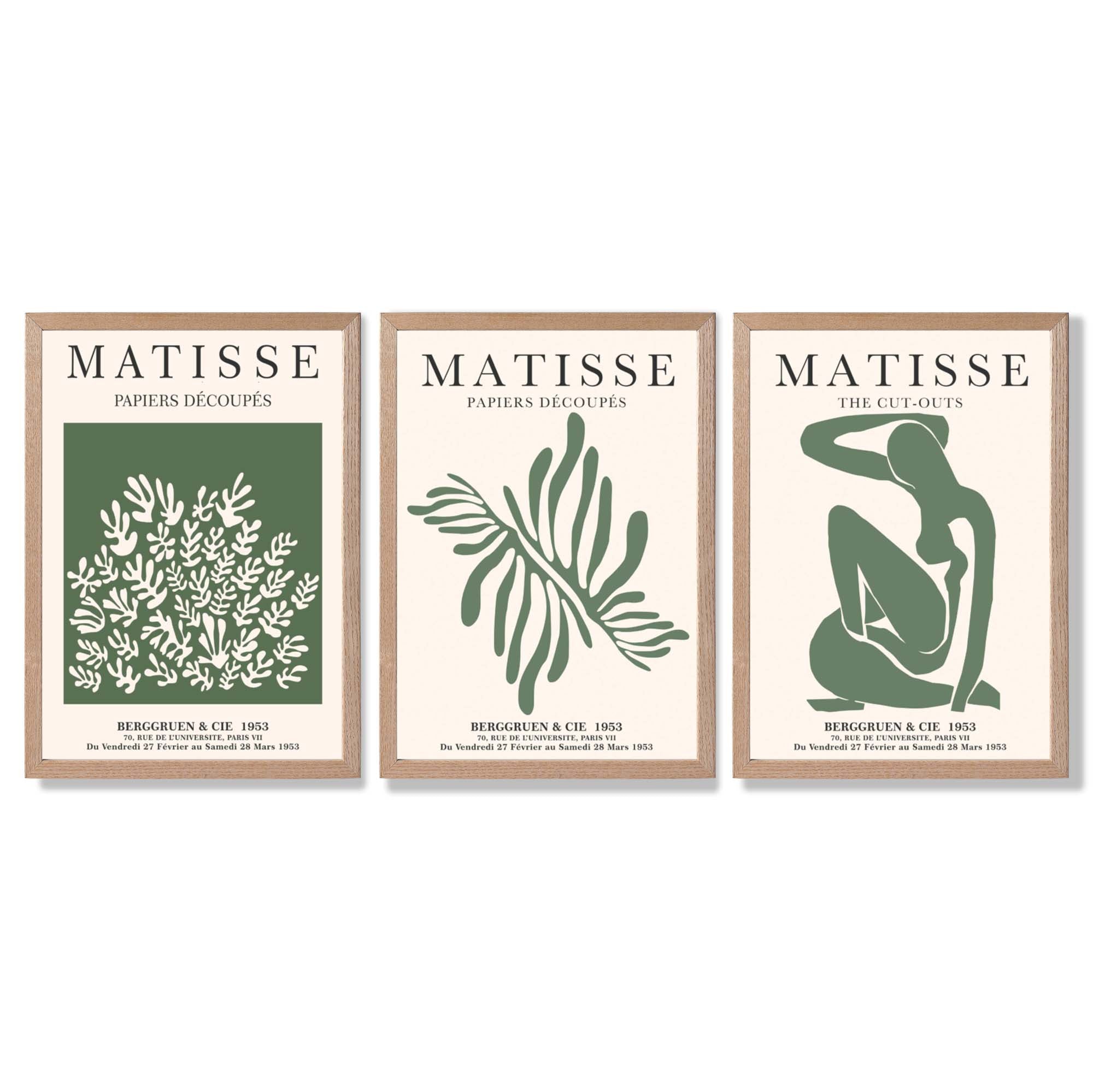 Set of 3 Matisse Floral Cutouts in Dark Green Framed Wall Art with Light Oak Frames