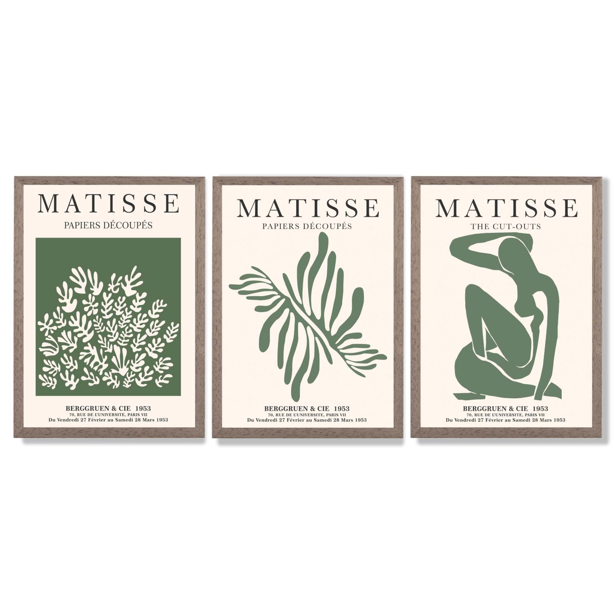 Set of 3 Matisse Floral Cutouts in Dark Green Framed Wall Art with Light Walnut Frames