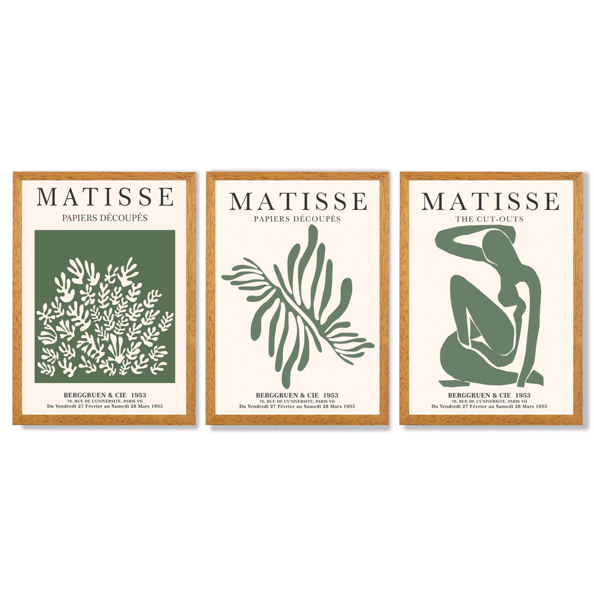 Set of 3 Matisse Floral Cutouts in Dark Green Framed Wall Art with Oak Wooden Frames