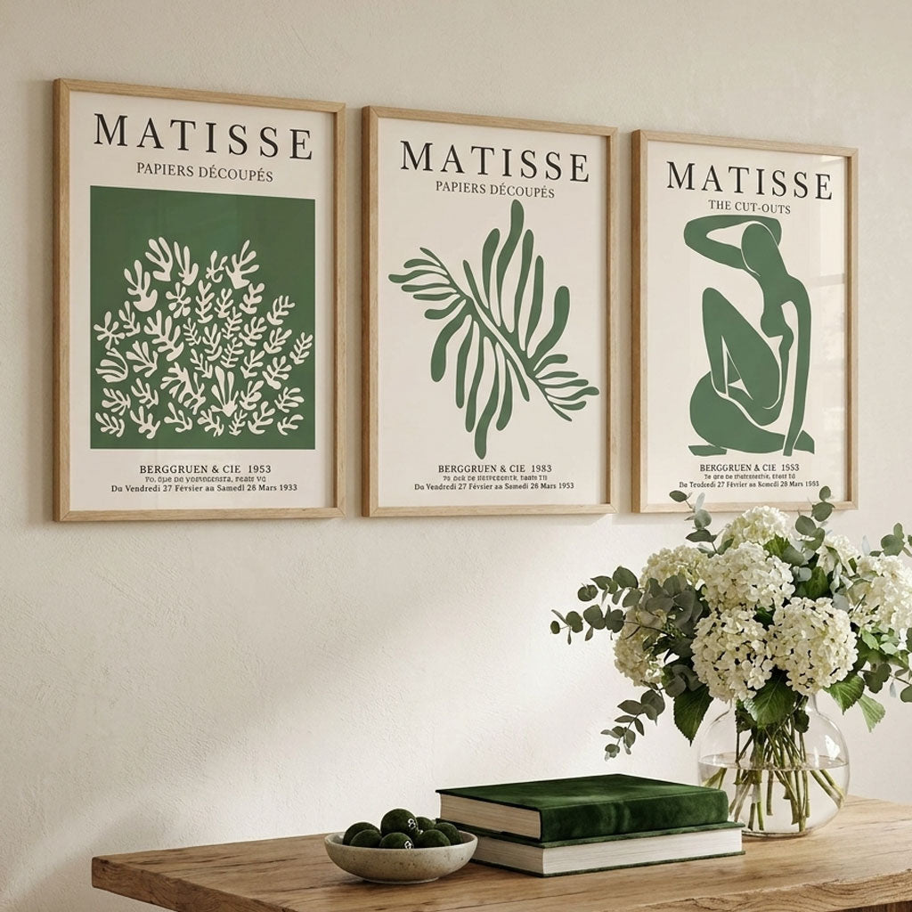 Set of 3 Matisse Floral Cutouts in Dark Green Art Prints in Oak Frames | Artze UK