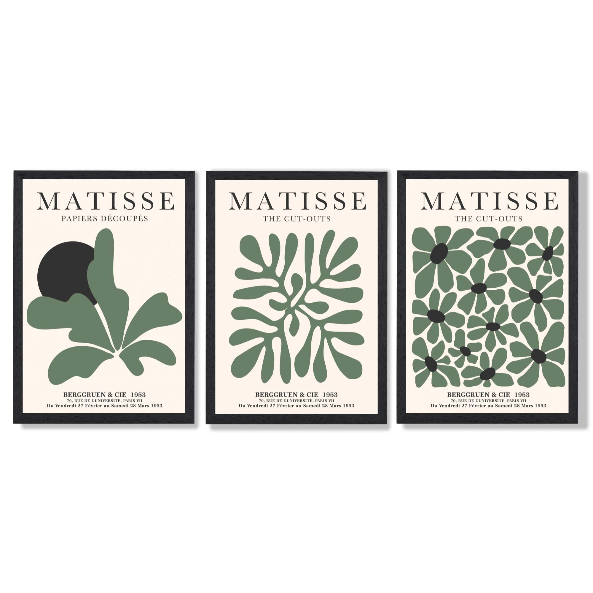 Set of 3 Matisse Floral Cutouts in Dark Green Framed Wall Art with Black Wooden Frames