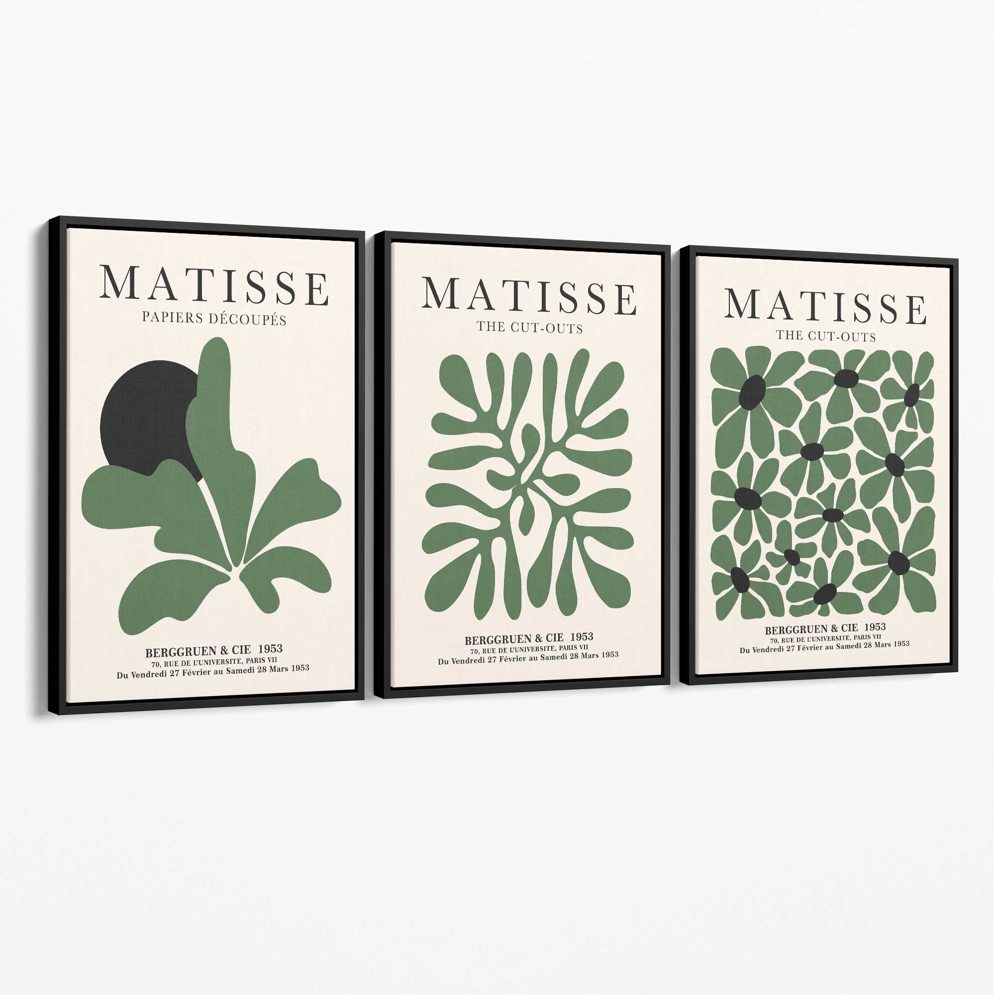 Set of 3 Matisse Floral Cutouts in Dark Green Canvas Prints with Black Float Frame