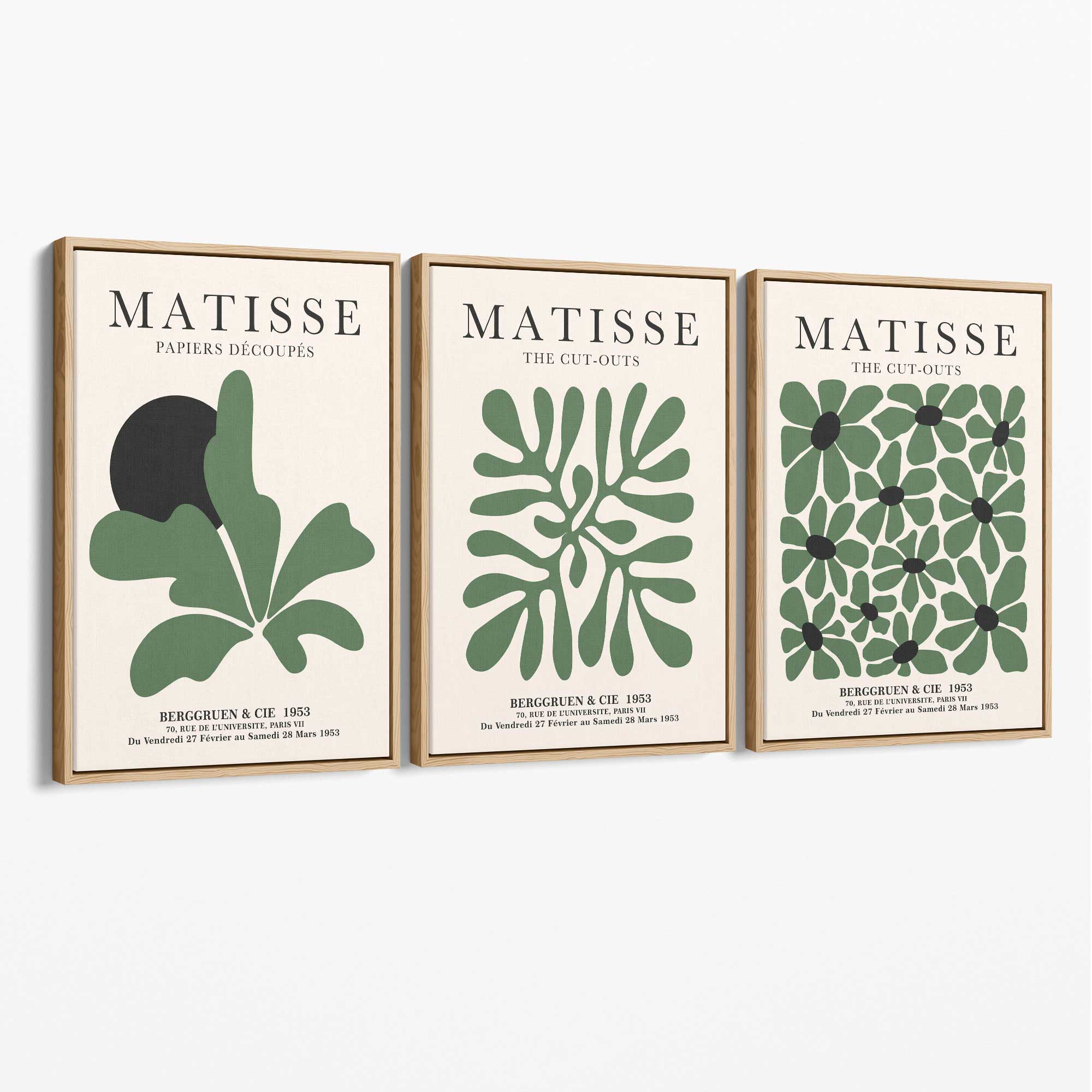 Set of 3 Matisse Floral Cutouts in Dark Green Canvas Prints with Oak Float Frame