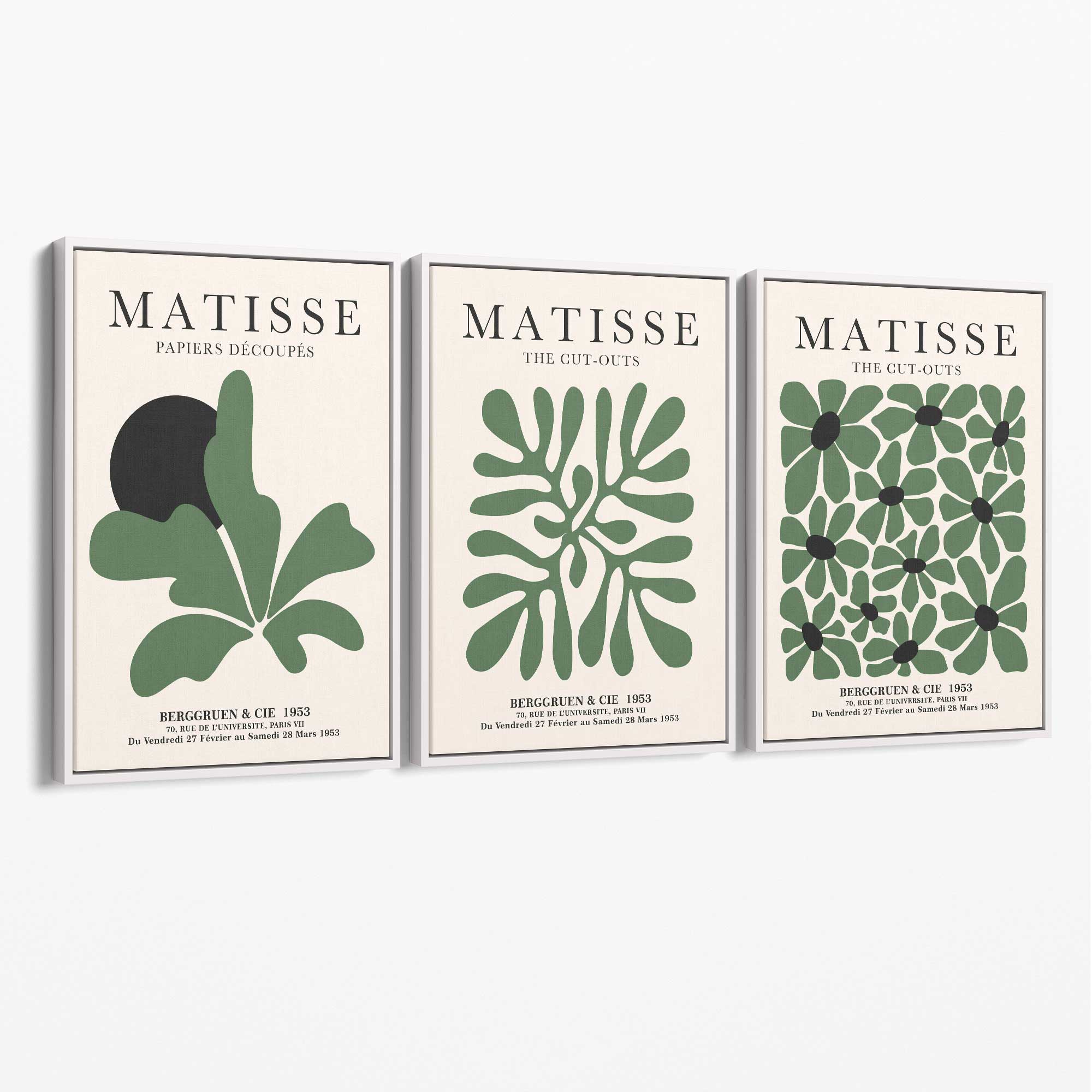 Set of 3 Matisse Floral Cutouts in Dark Green Canvas Prints with White Float Frame