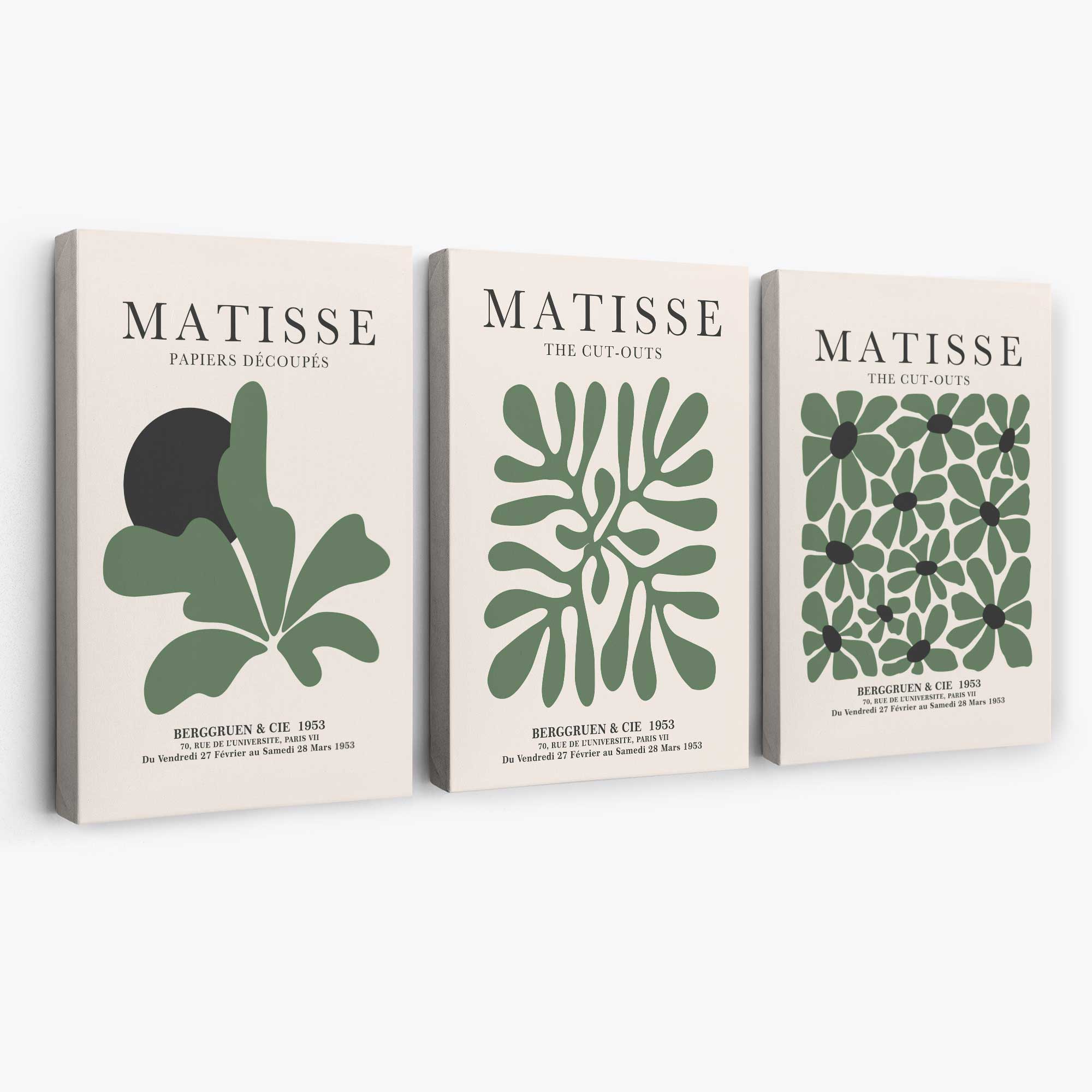 Set of 3 Matisse Floral Cutouts in Dark Green Canvas Prints | Artze Wall Art