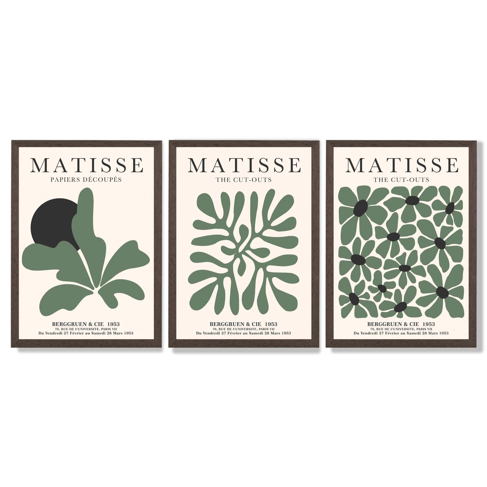 Set of 3 Matisse Floral Cutouts in Dark Green Framed Wall Art with Dark Wood Frames