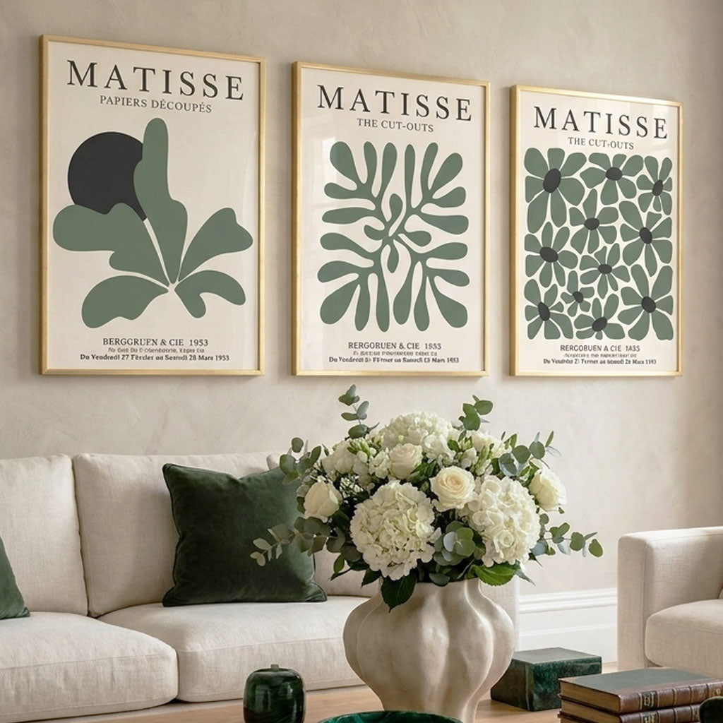 Set of 3 Matisse Floral Cutouts in Dark Green Art Prints in Black Frames | Artze UK