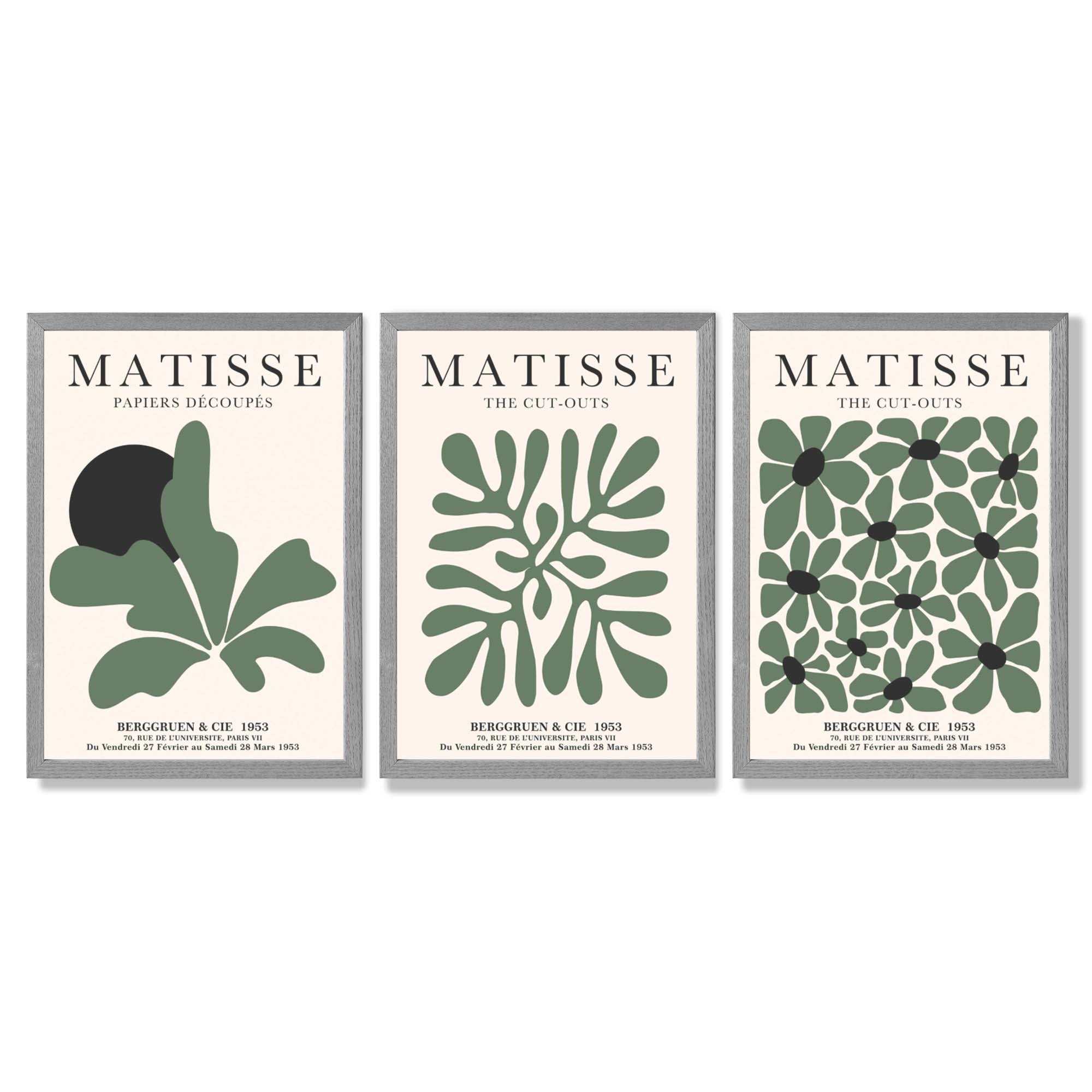Set of 3 Matisse Floral Cutouts in Dark Green Framed Wall Art with Light Grey Wooden Frames