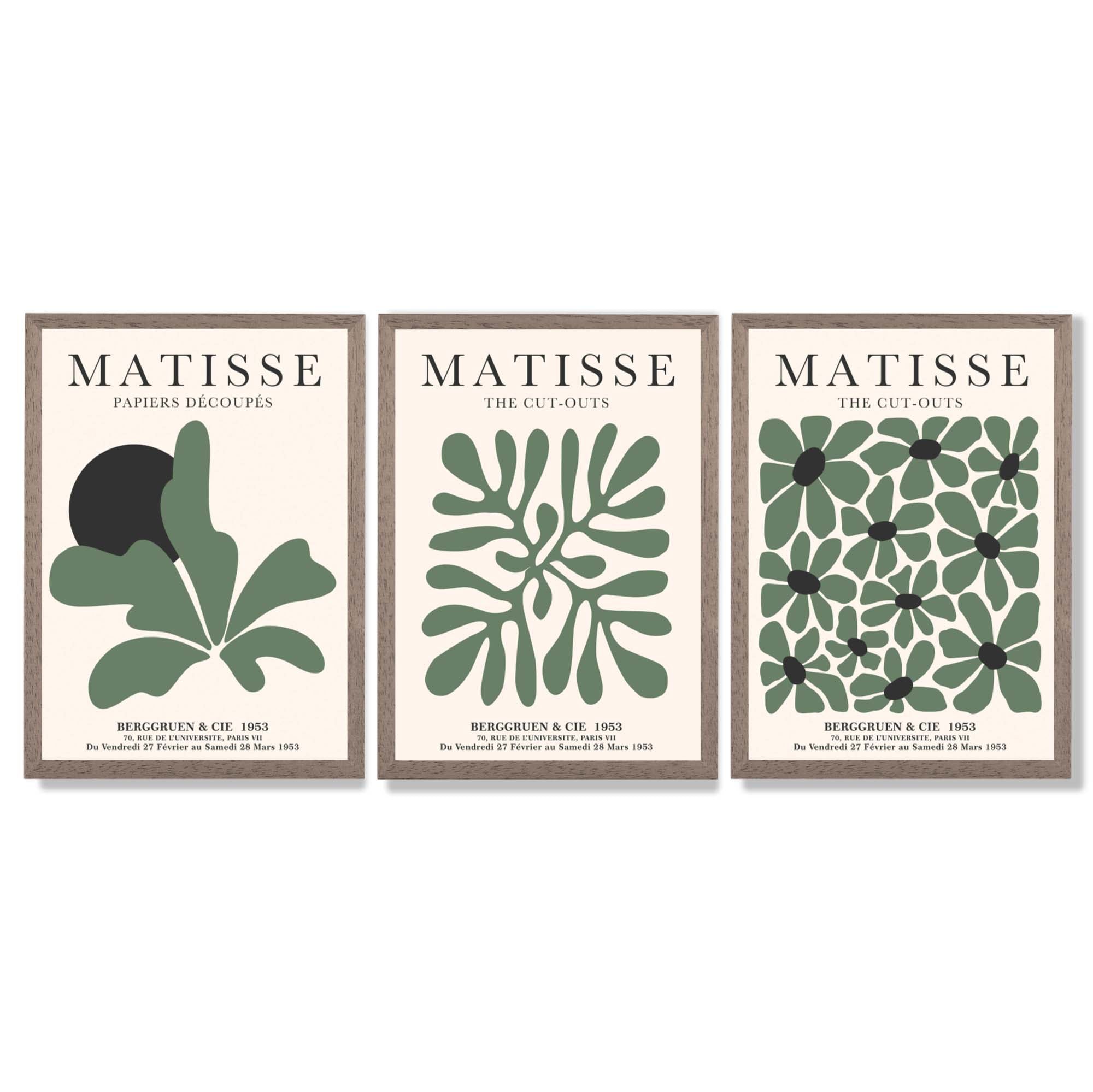 Set of 3 Matisse Floral Cutouts in Dark Green Framed Wall Art with Light Walnut Frames