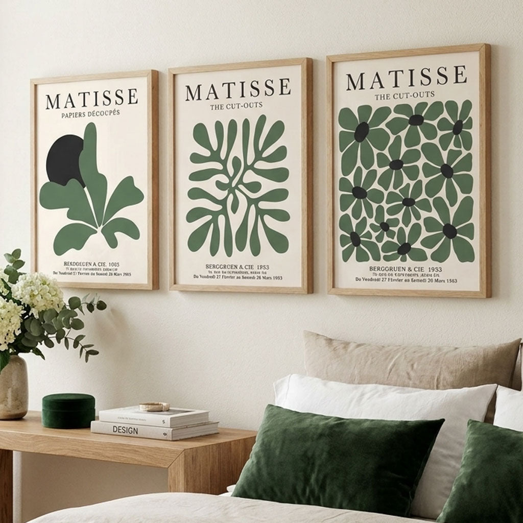 Set of 3 Matisse Floral Cutouts in Dark Green Art Prints in Oak Frames | Artze UK