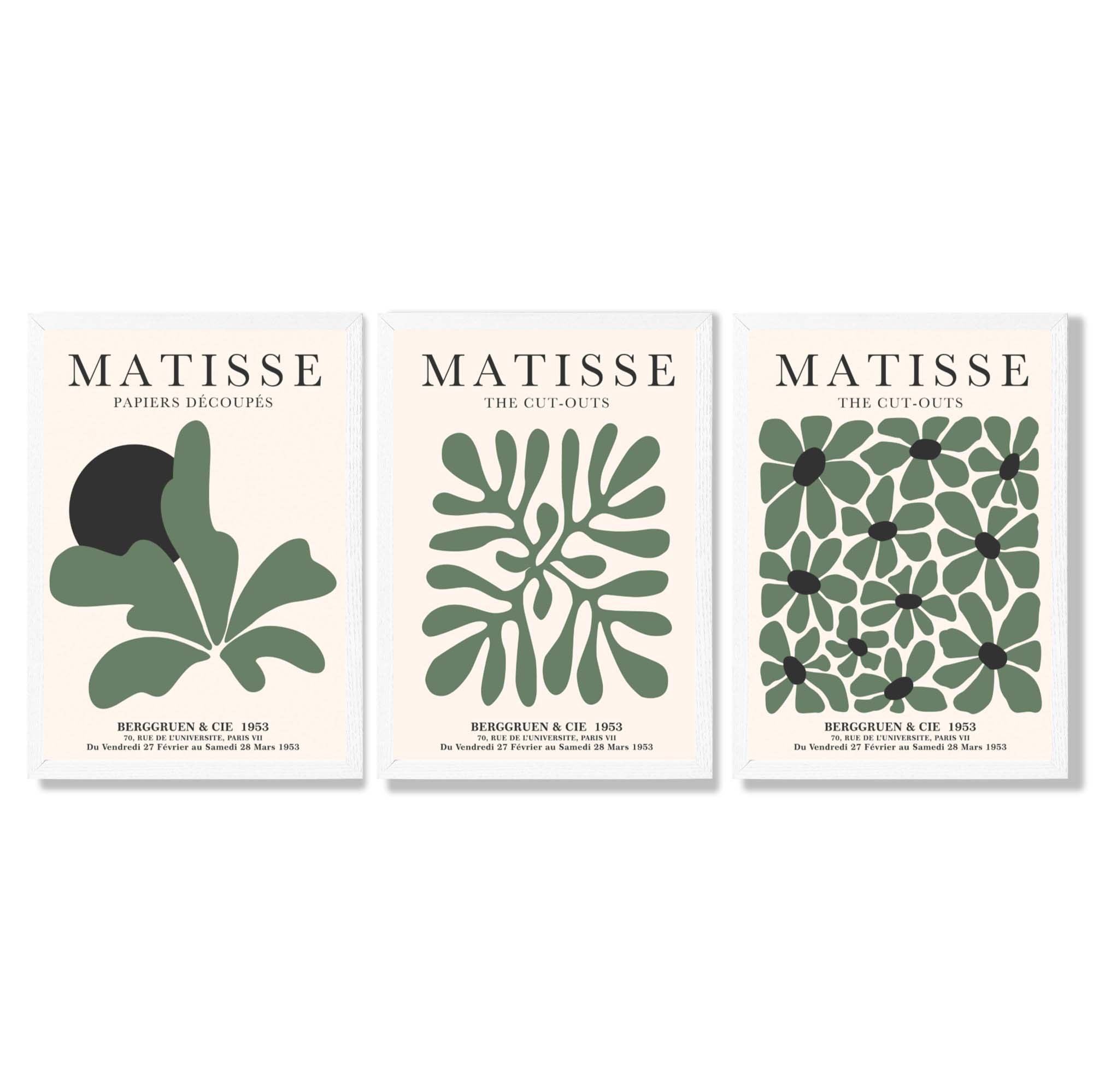 Set of 3 Matisse Floral Cutouts in Dark Green Framed Wall Art with White Wooden Frames