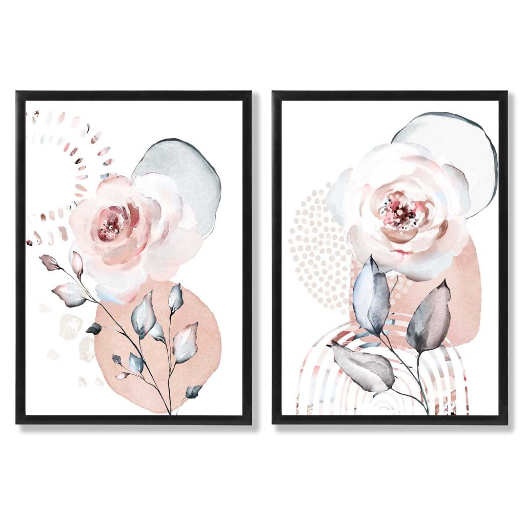 Watercolour Blush Pink Roses Set of 2 Art Prints with Black Frame